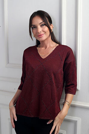 Kadın V Yaka Baklava Desenli Yarım Kol Simli Bluz