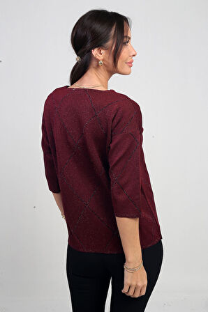 Kadın V Yaka Baklava Desenli Yarım Kol Simli Bluz