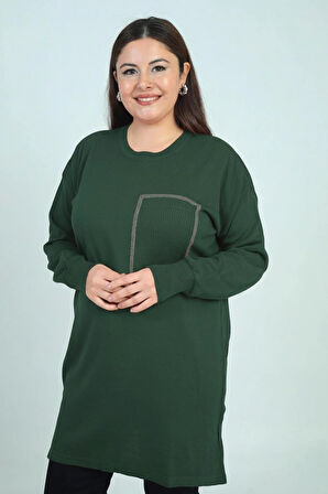 Kadın Önü Tek Cepli Taş Baskı Detaylı Büyük Beden TrikoTunik Bluz