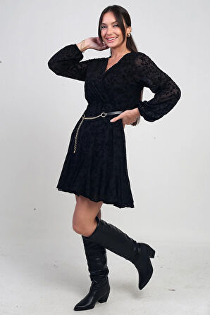 Kadın Kruvaze Yaka Astarlı Flok Baskılı Kısa Tül Elbise