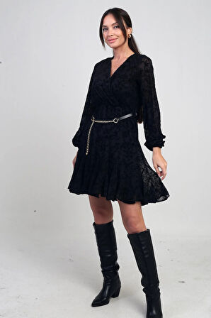 Kadın Kruvaze Yaka Astarlı Flok Baskılı Kısa Tül Elbise