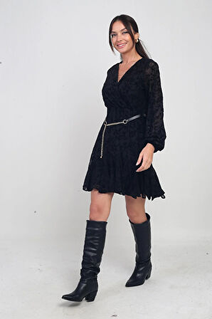 Kadın Kruvaze Yaka Astarlı Flok Baskılı Kısa Tül Elbise