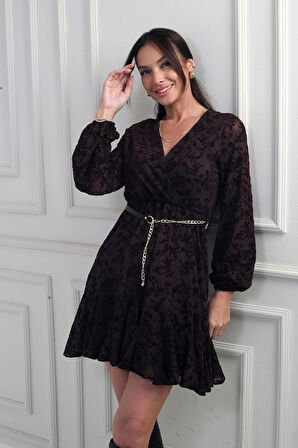 Kadın Kruvaze Yaka Astarlı Flok Baskılı Kısa Tül Elbise