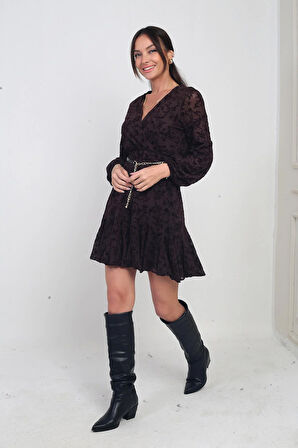 Kadın Kruvaze Yaka Astarlı Flok Baskılı Kısa Tül Elbise