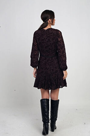 Kadın Kruvaze Yaka Astarlı Flok Baskılı Kısa Tül Elbise