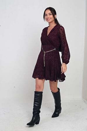 Kadın Kruvaze Yaka Astarlı Flok Baskılı Kısa Tül Elbise