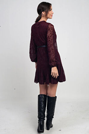 Kadın Kruvaze Yaka Astarlı Flok Baskılı Kısa Tül Elbise