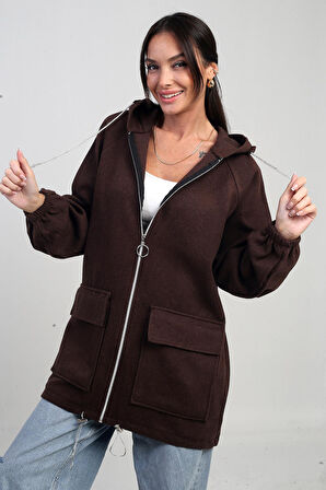 Kadın Önü Fermurlı Torba Cepli Parlak İp Detaylı Kapüşonlu Kaşe Hırka