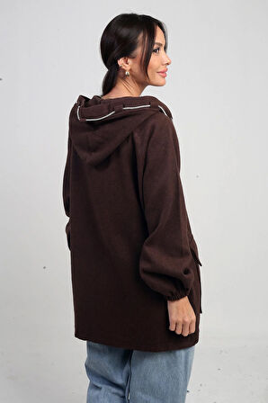 Kadın Önü Fermurlı Torba Cepli Parlak İp Detaylı Kapüşonlu Kaşe Hırka