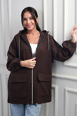 Kadın Önü Fermurlı Torba Cepli Parlak İp Detaylı Kapüşonlu Kaşe Hırka