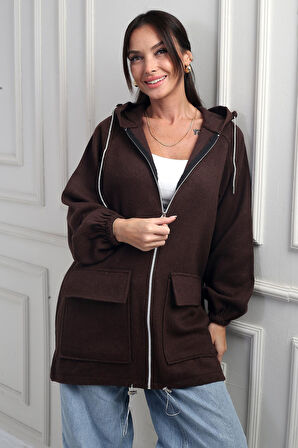 Kadın Önü Fermurlı Torba Cepli Parlak İp Detaylı Kapüşonlu Kaşe Hırka