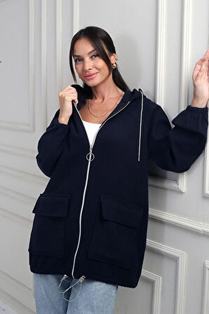 Kadın Önü Fermurlı Torba Cepli Parlak İp Detaylı Kapüşonlu Kaşe Hırka