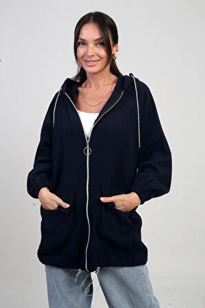 Kadın Önü Fermurlı Torba Cepli Parlak İp Detaylı Kapüşonlu Kaşe Hırka