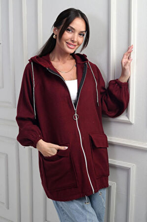 Kadın Önü Fermurlı Torba Cepli Parlak İp Detaylı Kapüşonlu Kaşe Hırka