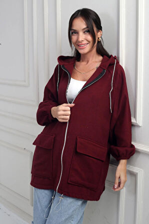 Kadın Önü Fermurlı Torba Cepli Parlak İp Detaylı Kapüşonlu Kaşe Hırka