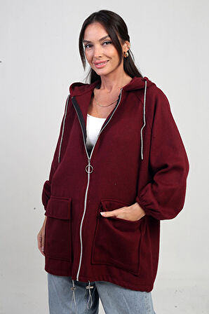 Kadın Önü Fermurlı Torba Cepli Parlak İp Detaylı Kapüşonlu Kaşe Hırka