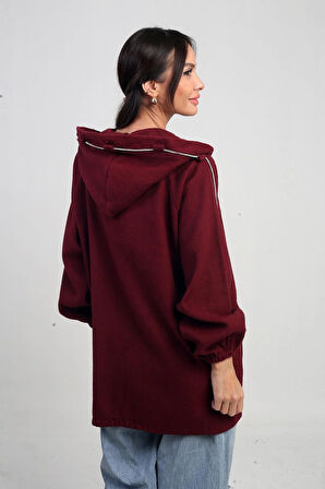 Kadın Önü Fermurlı Torba Cepli Parlak İp Detaylı Kapüşonlu Kaşe Hırka