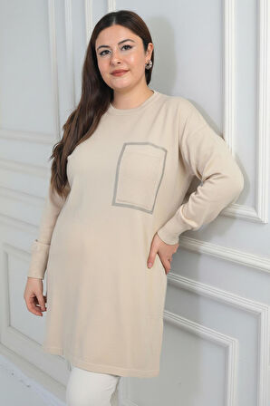 Kadın Önü Tek Cepli Taş Baskı Detaylı Büyük Beden TrikoTunik Bluz