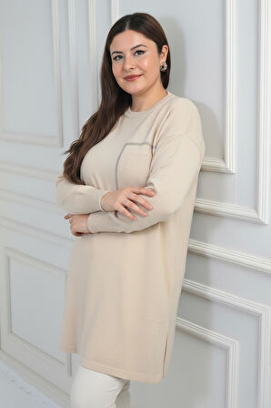 Kadın Önü Tek Cepli Taş Baskı Detaylı Büyük Beden TrikoTunik Bluz