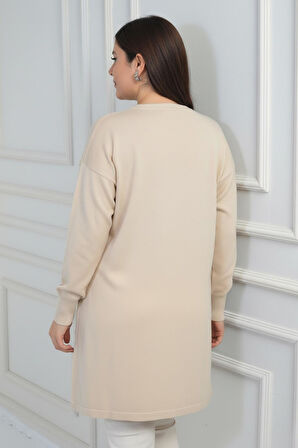 Kadın Önü Tek Cepli Taş Baskı Detaylı Büyük Beden TrikoTunik Bluz