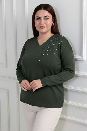 Kadın V Yaka Büyük Beden Taşlı Triko Bluz