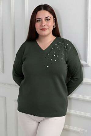 Kadın V Yaka Büyük Beden Taşlı Triko Bluz