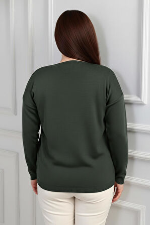 Kadın V Yaka Büyük Beden Taşlı Triko Bluz