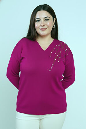 Kadın V Yaka Büyük Beden Taşlı Triko Bluz