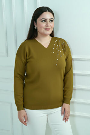 Kadın V Yaka Büyük Beden Taşlı Triko Bluz