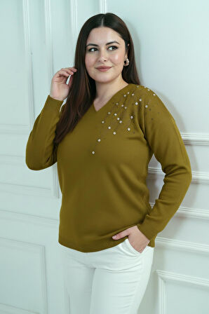 Kadın V Yaka Büyük Beden Taşlı Triko Bluz