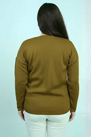 Kadın V Yaka Büyük Beden Taşlı Triko Bluz