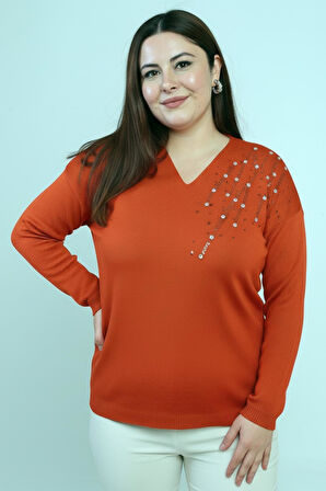 Kadın V Yaka Büyük Beden Taşlı Triko Bluz