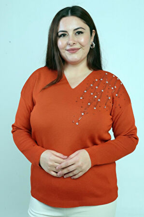 Kadın V Yaka Büyük Beden Taşlı Triko Bluz