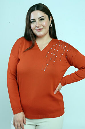 Kadın V Yaka Büyük Beden Taşlı Triko Bluz