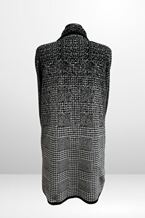 Kadın Önü Düğmeli Kazayağı Desenli Cepli Büyük Beden Triko Kaban