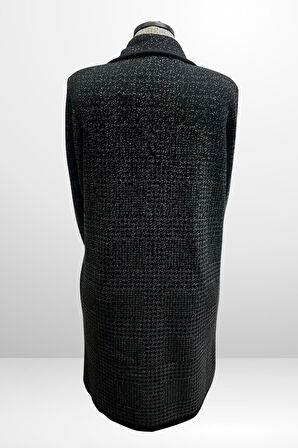 Kadın Önü Düğmeli Kazayağı Desenli Cepli Büyük Beden Triko Kaban