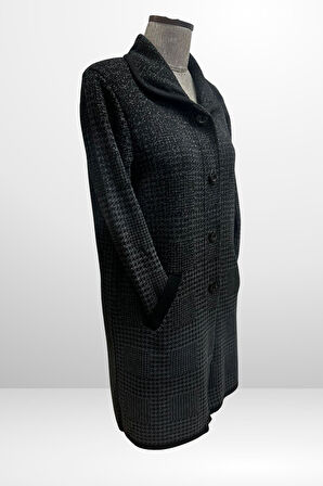 Kadın Önü Düğmeli Kazayağı Desenli Cepli Büyük Beden Triko Kaban