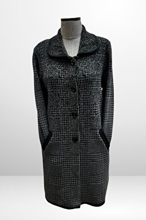 Kadın Önü Düğmeli Kazayağı Desenli Cepli Büyük Beden Triko Kaban