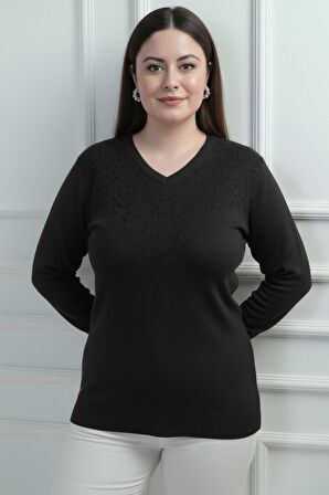 Kadın V Yaka Önü Sim Detaylı Büyük Beden Triko Bluz