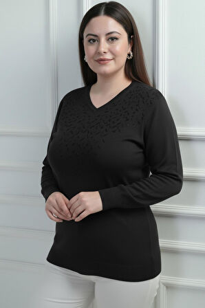 Kadın V Yaka Önü Sim Detaylı Büyük Beden Triko Bluz