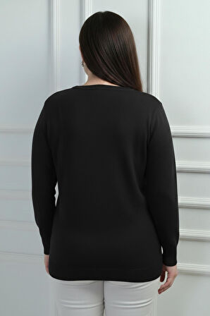 Kadın V Yaka Önü Sim Detaylı Büyük Beden Triko Bluz