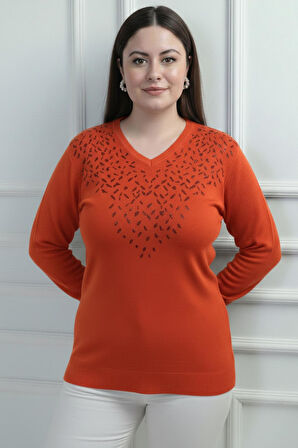Kadın V Yaka Önü Sim Detaylı Büyük Beden Triko Bluz