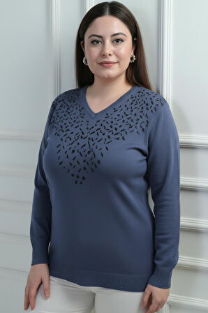 Kadın V Yaka Önü Sim Detaylı Büyük Beden Triko Bluz