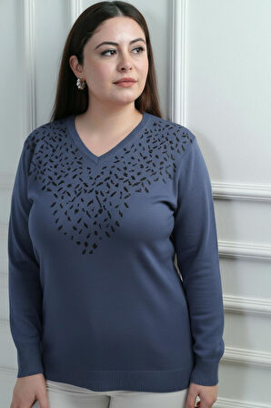 Kadın V Yaka Önü Sim Detaylı Büyük Beden Triko Bluz