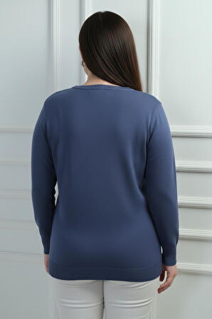 Kadın V Yaka Önü Sim Detaylı Büyük Beden Triko Bluz