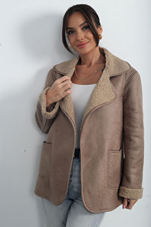 Kadın Kruvaze Yaka Torba Cepli İçi Kürklü Napa Kaban