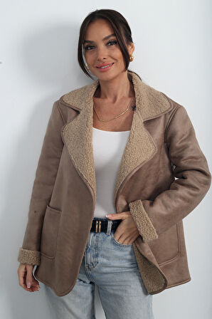 Kadın Kruvaze Yaka Torba Cepli İçi Kürklü Napa Kaban