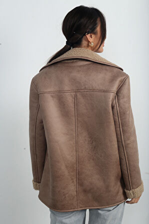 Kadın Kruvaze Yaka Torba Cepli İçi Kürklü Napa Kaban