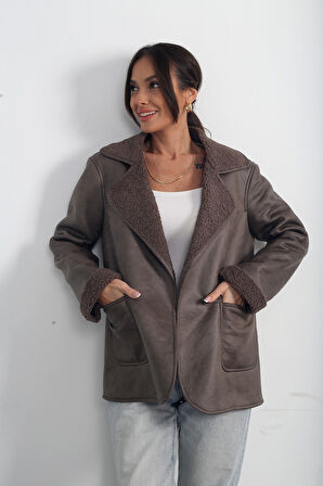 Kadın Kruvaze Yaka Torba Cepli İçi Kürklü Napa Kaban