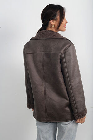 Kadın Kruvaze Yaka Torba Cepli İçi Kürklü Napa Kaban